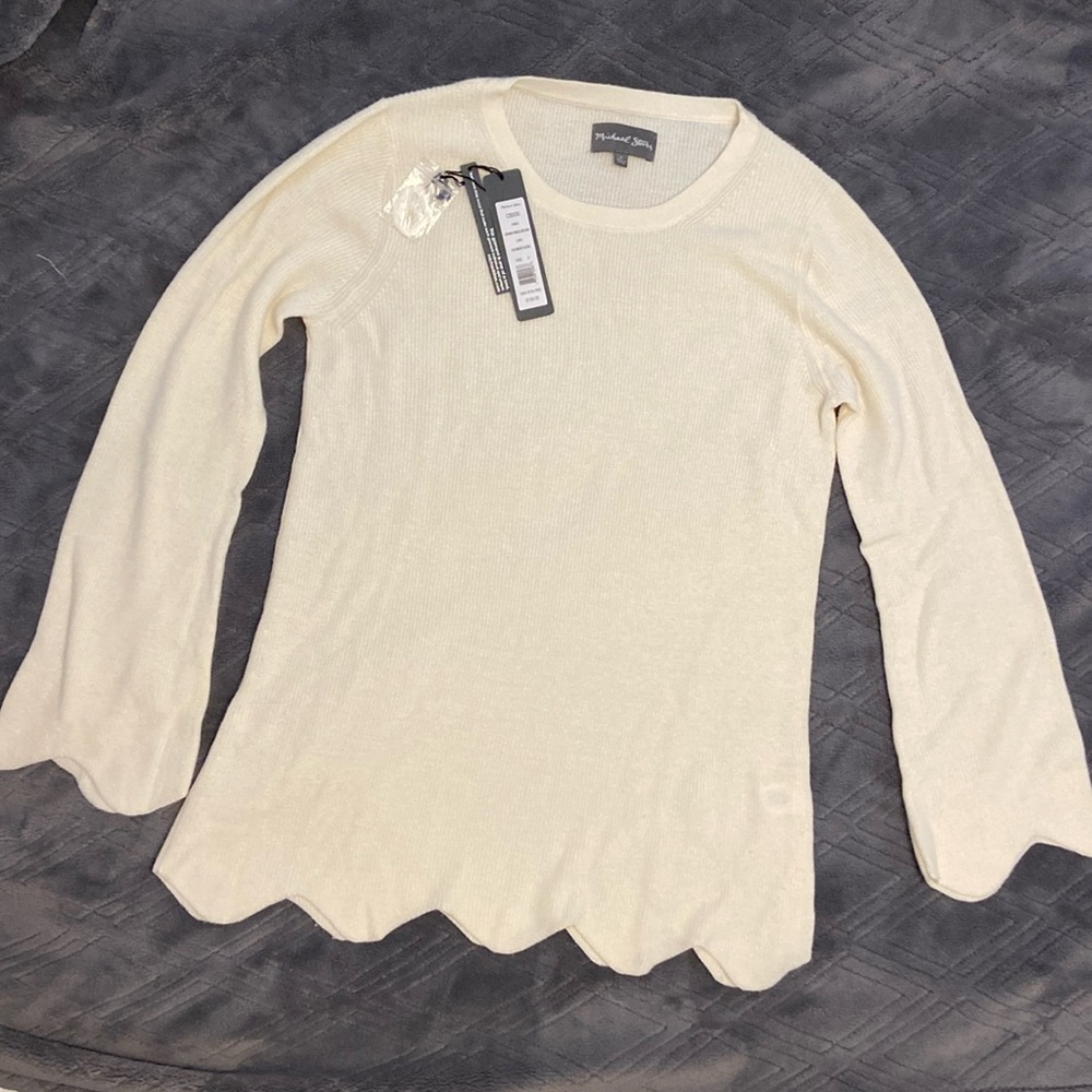 Michael Stars crew neck w scalloped hem long sweater cashmere blend in chalk